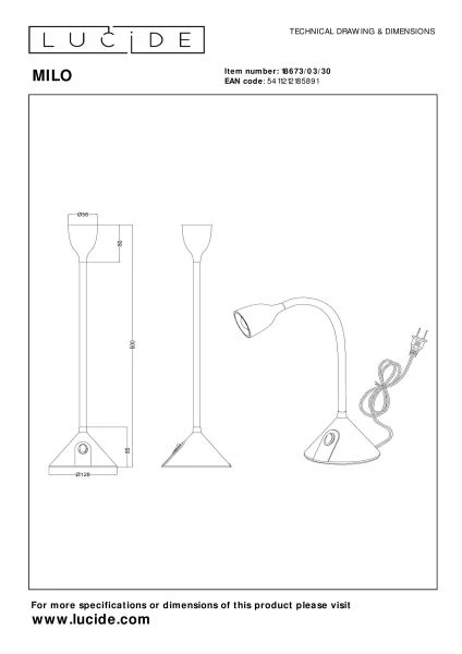 Lucide MILO - Lampe de bureau - Ø 12,8 cm - LED - 1x3,2W 3000K - Noir - technique